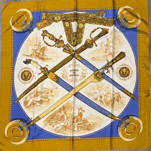 Hermes Armes de Chasse Gold and Blue Silk Scarf